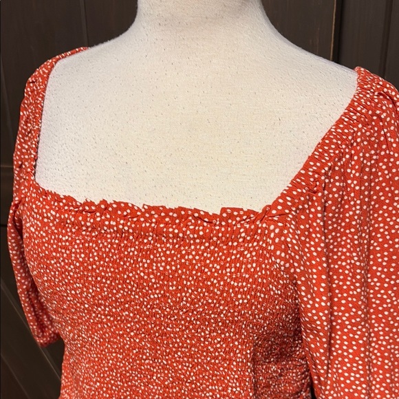 LOFT Orange and White Puff Sleeve Smocked Blouse - Picture 3 of 7